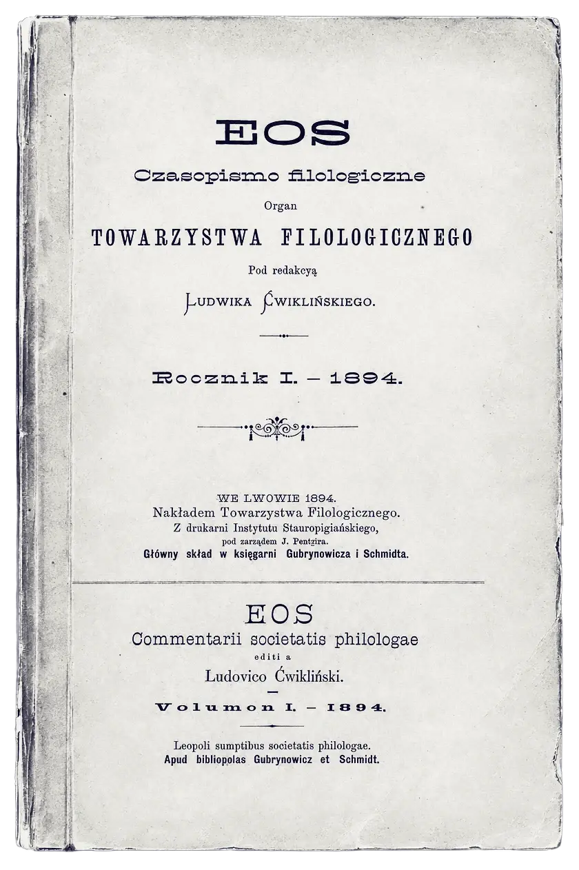 Cover of the first volume of “Eos”, printed in Lwów in 1894, with the title in Polish above and in Latin below