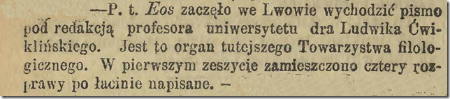 Notice in Kurier Warszawski, 1894, no. 349, about the first fascicle of Eos
